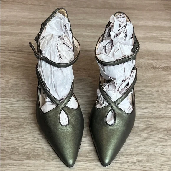 Cole Haan Collection Pointed Toe Strappy Pumps in Metallic Olive Green Leather - Picture 15 of 16